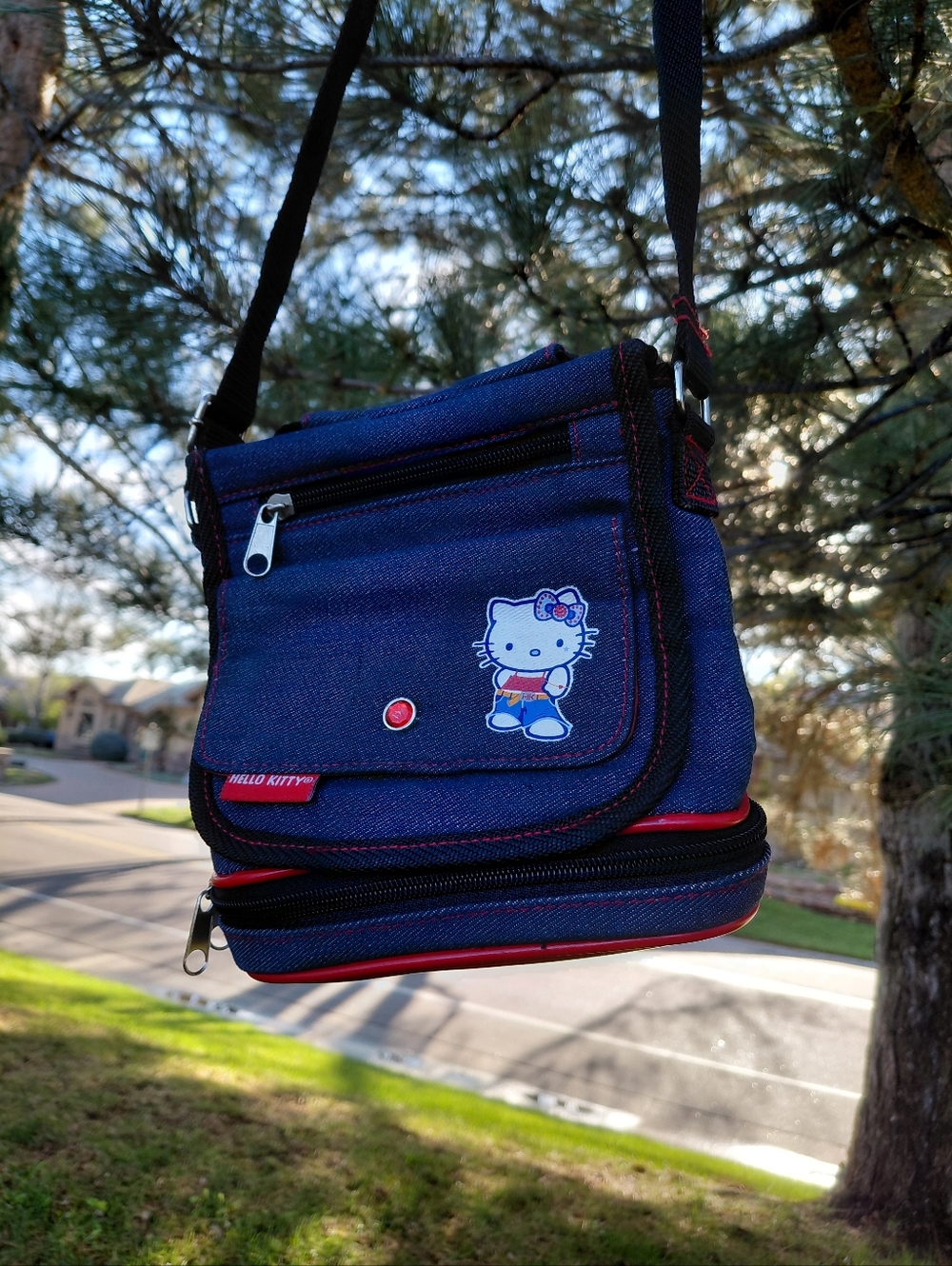 Hello Kitty Navy Cotton Denim Shoulder Bag with Red Accents